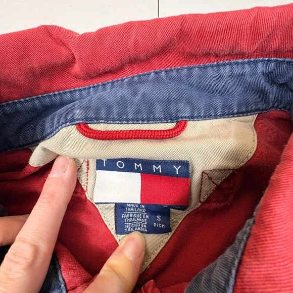 Tommy Hilfiger Red Canvas Zip Jacket Mens S Flag Logo Custom Embroidery - Picture 6 of 13